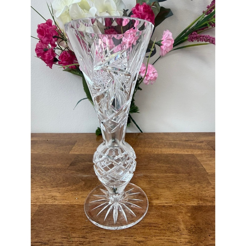 Vintage Cut Crystal Vase Starburst Pattern Tall Elegant‎ Heavy Glass Decor Retro